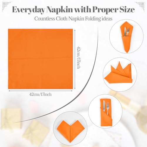 PLOYMONO Orange Cloth Napkins - 8 Pack 17" x 17" Washable Polyester Napkins | Heavy Duty 180 GSM Cloth Napkins with Hemmed Edges - Great for Restaurants, Weddings, Parties, Banquets Dinner - color: Orange