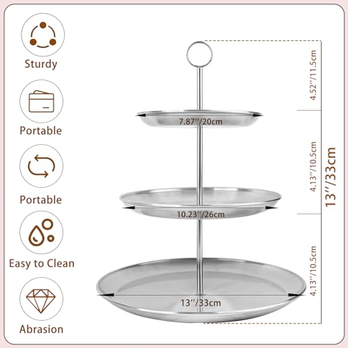 3 Tier Silver Cupcake Stand Stainless Steel Dessert Display Rack with Removable Tiered Tray for Parties,Weddings,Birthdays,Decorations,Any Festivals and Festivities(Stainless Steel Pole)