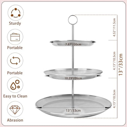 3 Tier Silver Cupcake Stand Stainless Steel Dessert Display Rack with Removable Tiered Tray for Parties,Weddings,Birthdays,Decorations,Any Festivals and Festivities(Stainless Steel Pole)