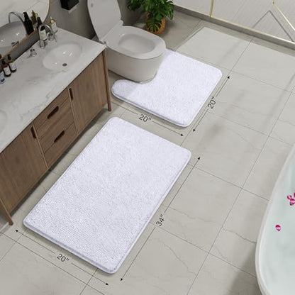 Bathroom Rug Sets 2 Piece, 20"x20" U-Shaped & 21"×34", White | Toilet Mat Non Slip Bath Mats Floor Set, Washable Bath Rug Set, Absorbent Soft Bathroom Rug - color: White