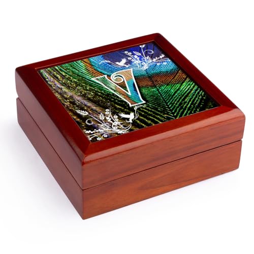 3dRose Initial Letter V- Beautiful Peacock Feather Letters and Numbers Jewelry Box 7 x 7 inch with 4 inch tile