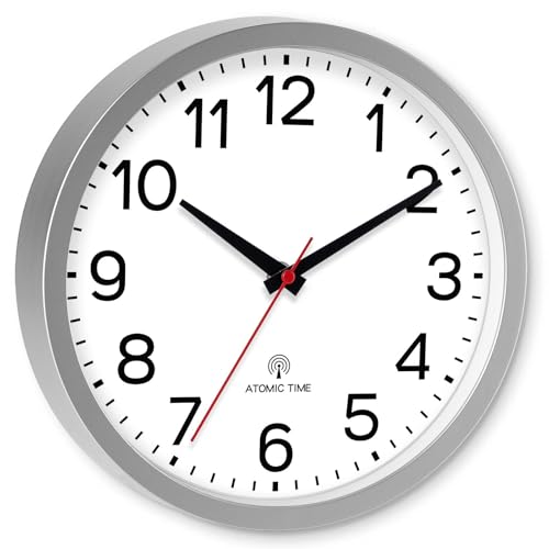 AKCISOT 10 Inch Wall Clock, Silent Battery Operated Analog Clock, Silver | Atomic | Classroom | Kitchen | Office | Easy to Read Numbers | Garage - color: Atomic_silver White, size: 10 Inch