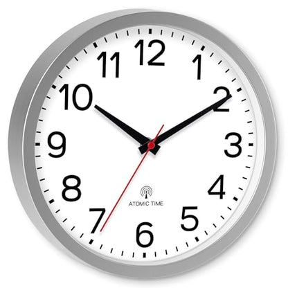 AKCISOT 12 Inch Wall Clock, Silent Battery Operated Analog Clock, Silver | Atomic | Office | Kitchen | Living Room | Classroom | Easy-to-read Numbers - color: Atomic_silver White, size: 12 Inch