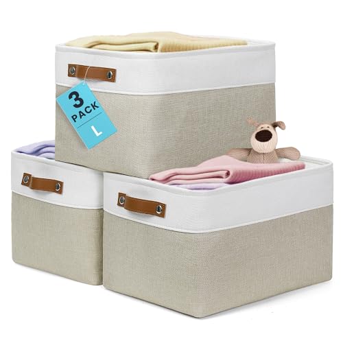 OrganiHaus 15x11in Canvas Storage Baskets 3 Pack - Fabric Bins for Shelves | Vegan leather handles; a decorative closet organizer for clothes, shoes, or toys; bedroom container - color: Beige / Off-White, size: Large - 3pc