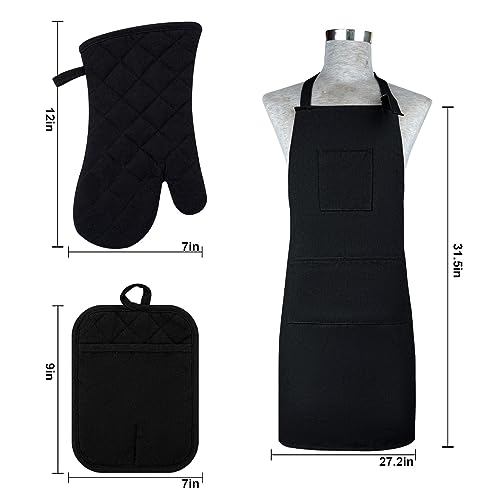 Oven Mitts and Pot Holders with Cooking Apron Set of 5, Heat Resistant Kitchen Gloves and Silicone Non-Slip Potholders, Adjustable Neck Buckle Chef Apron, Cotton Nice Design for Cooking (Black)… - color: Black