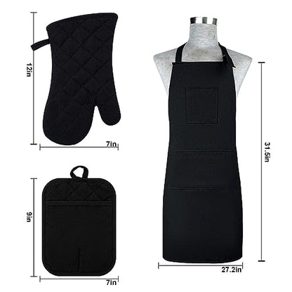 Oven Mitts and Pot Holders with Cooking Apron Set of 5, Heat Resistant Kitchen Gloves and Silicone Non-Slip Potholders, Adjustable Neck Buckle Chef Apron, Cotton Nice Design for Cooking (Black)… - color: Black