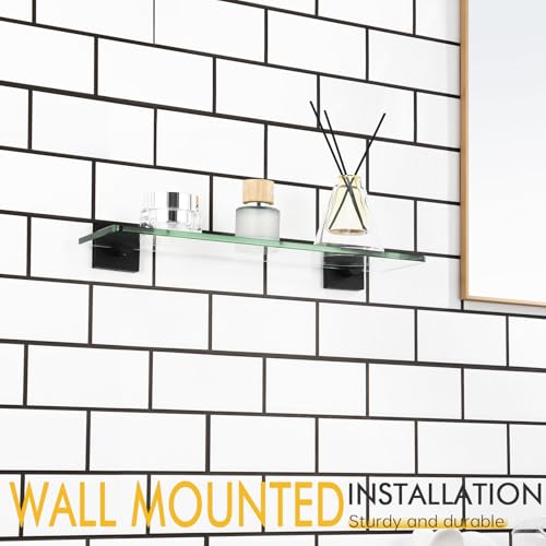 KOKOSIRI Bathroom Glass Shelf 16-Inch Tempered Glass Floating Shelves Shower Storage Kitchen Rack Wall Mount, 2 Pack Black Stainless Steel B1107BK-L16-P2 - color: Matte Black, size: 16-Inch(2 Pack)