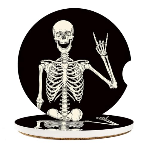 Car Coasters for Drinks, 2 Pcs Ceramic Stone 2.56 Inch, Skeleton | Skull Skeleton Human Absorbent Non-Scratch Cork Base Cupholder Auto Accessories for Women Men - color: Human Skeleton