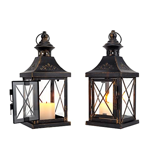 TRIROCKS Set of 2 Decorative Candle Lantern 11'' High Metal Candle Holder Hanging Lantern Perfect for Home Decor Halloween Living Room Parties Events Tabletop Indoors Outdoors (Black with Gold Brush) - color: Black
