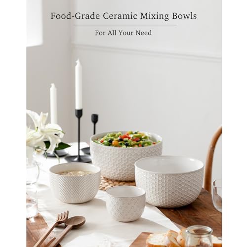 Ceramic Mixing Bowls, Embossed Nesting Bowls Set of 4, Mixing Bowl Set for Serving, Baking, Cooking and Gift, Microwave and Dishwasher Safe, 20/47/99/148 oz, Off-White - size: 20&47&99&148 oz