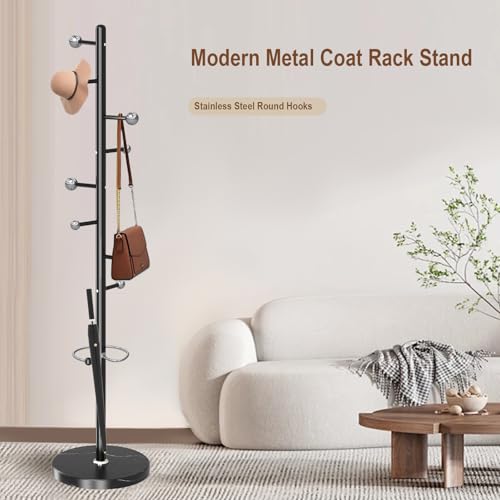 Coat Rack Stand, Black Metal Coat Rack Freestanding with 8 Hooks | Modern Coat Rack with Natural Marble Base,Modern Coat Hanger Stand, 3 Adjustable Coat Clothes Tree Stand for Office - color: Black-8 Ball Hooks