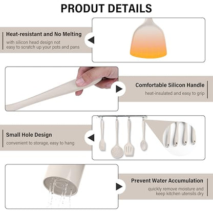 HaWare 11 PCS Silicone Cooking Utensils Set, Heat Resistant Kitchen Utensils with Holder, Food-grade Spatula Sets for Nonstick Cookware, Kitchen Tools Gadgets Include Fish Turner, Spoon (Khaki) - color: Khaki