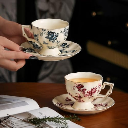 KAMMAK Tea Cups and Saucers Set of 2, 7 oz Porcelain Coffee Cups, 562N | Stackable Espresso Mugs, Ceramic Demitasse for Coffee, Cappuccino, Latte, Americano, Tea - size: 7KPSP562N