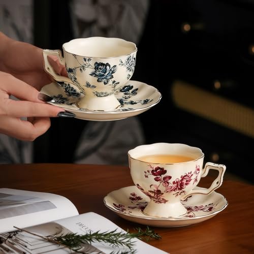 KAMMAK Tea Cups and Saucers Set of 2, 6.8 oz Porcelain Coffee Cups, 563N | Stackable Espresso Mugs, Ceramic Demitasse for Coffee, Cappuccino, Latte, Americano, Tea - size: 7KPSP563N