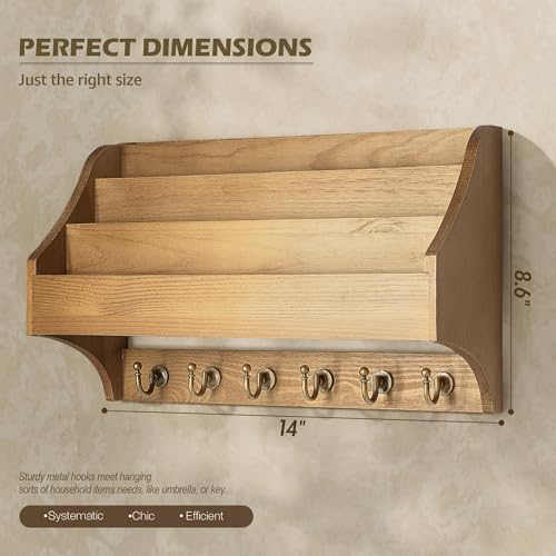 Rebee Vision Mail Organizer Wall Mounted with 6 Hooks for Entryway, Yellow | Pine Wood, Key Holder Wall Mount, 3-Tier Mail Holder, Sturdy Key Hooks, key Hanger, Home Office, Apartment Rustic Aesthetic - color: Yellow