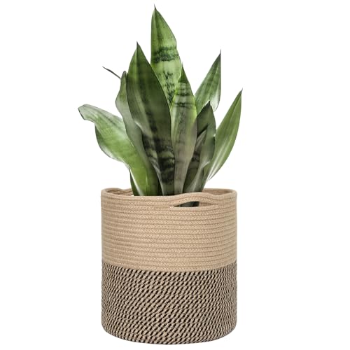 Woven Jute Plant Basket, Wicker Basket Planter for 10 inch Pot, Round Indoor Tree Pot Cover, Small Boho Planter Baskets, Decorative Basket for Plants and Home Decor, 11”X11”, Black Stripes - color: Jute and Black Stripes, size: 11"x11"