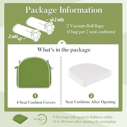 Basic Beyond Outdoor Cushions for Patio Furniture: Waterproof & UV Resistant Outdoor Chair Cushions Set of 4-19 x 19 x 3 Inch Thick Patio Chair Cushions with Ties & Handle, Grass Green/White - color: Grass Green/White