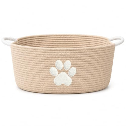 Dog Toy Basket with Handles, Boho Cotton Rope Storage Bin Organizer | Warm boho dog toy organizer, natural woven look. Holds toys, blankets & leashes. Machine washable, collapsible rope bin - color: Khaki / White Paw