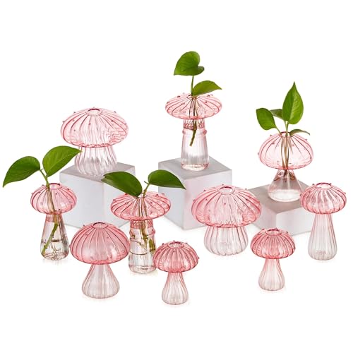 Glasseam Mushroom Plant Propagation Station: 5 Pcs Pink Glass Terrarium Jar | Handmade, Small Hydroponic Planters, Pothos Cutting Propagation Vase, Windowsill, Office, Table Centerpieces, Gifts for Women - color: Pink, size: 10