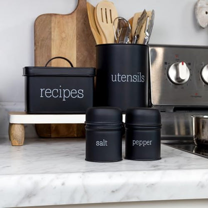 AuldHome Design Salt and Pepper Shaker Set (Black); Contemporary Modern Farmhouse Retro Enamel Style Shaker Set - color: Black