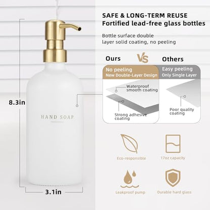 Soap Dispenser Bathroom - Dish and Hand Soap Dispenser Set, Glass Soap Lotion Dispenser with Pump for Kitchen with Tray, Waterproof Labels, 2 Lotion White Bottle/Gold Pump N - color: White Bottle/Gold Pump N+ Tray + Funnel