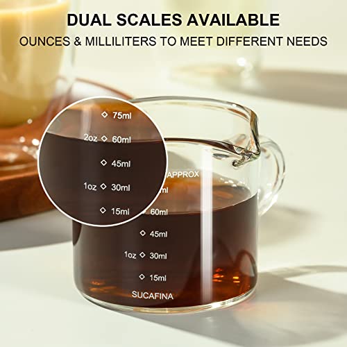 PARACITY Espresso Measuring Cup, 2.5 oz Double Spout Glass with Handle | Borosilicate body has dual scales and a V-shaped mouth for precise pouring while measuring espresso shots and coffee drinks - size: 2.5 Ounces