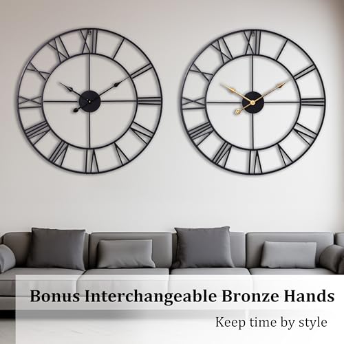 30 Inch Wall Clock for Living Room Decor, Black Roman Numeral | Silent Non Ticking, Battery Operated, Durable Metal Wall Clock for Dinning Room,Entryway,Home Office & Fireplace Decor