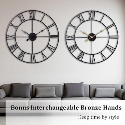 30 Inch Wall Clock for Living Room Decor, Black Roman Numeral | Silent Non Ticking, Battery Operated, Durable Metal Wall Clock for Dinning Room,Entryway,Home Office & Fireplace Decor