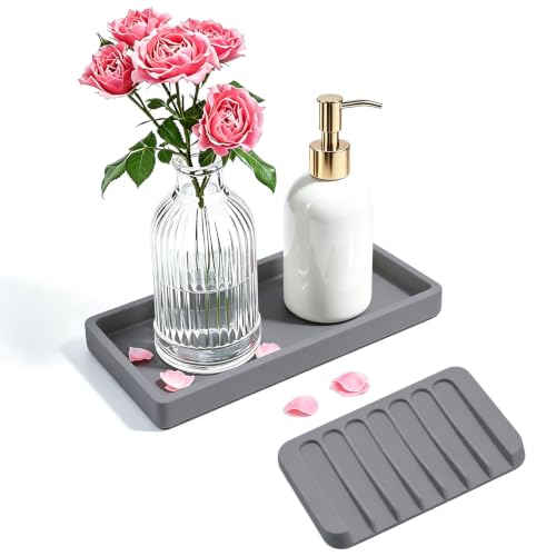 Bloss Silicone Counter Tray Set for Bathroom/Kitchen - 8 x 4 inch Bathroom Soap Dispenser Tray and Soap Holder, Silicone Vanity Trays Countertop Organizer for Scrubber, Perfume, Jewelry, Candle - color: Gray, size: 7.9" x 3.9" x 0.9"