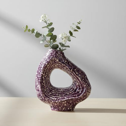 Sunddo Ceramic Flower Vase, 9 Inch, Purple | Modern, Unique Donut Design, For Living Room, Centerpiece Table, Kitchen, Fireplace, Bookshelf - color: Purple, size: 9 inch