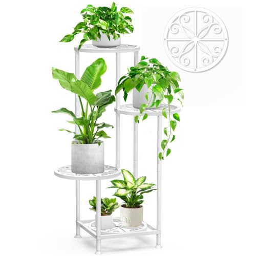 4 Tier Plant Stand Indoor Outdoor, Tall Metal Corner Flower Shelf Holder for Multiple Plants, Space-Saving Rustproof Plant Display Rack for Patio Balcony Garden Living Room Porch, White - color: Flower White, size: 4 Tier