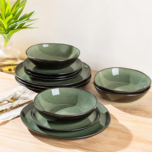 AmorArc Ceramic Dinnerware Sets for 4, 12Pcs Plates and Bowls Sets Dishes | Stoneware Handmade Reactive Glaze Dinner Set, Highly Scratch Resistant | Dishwasher & Microwave Safe Dishware - color: Matte Jade Green, size: Service for 4