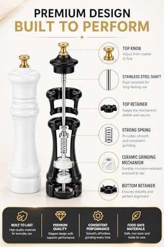 Wooden Black and White Manual Refillable Large Salt and Pepper Grinder Set, Shaker with Adjustable Ceramic Grinding Mechanism for Customized Coarseness, 8 Inches, Pack of 2