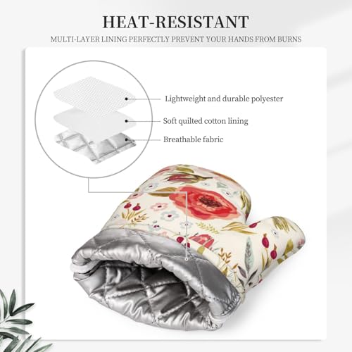 Wildflowers Floral Oven Mitts Pot Holders Set Silicone Heat Resistant Botanical Floral Oven Mitts and Hot Pads Potholders Non-Slip Oven Gloves for Cooking Baking Grilling BBQ - color: Red Green Beige