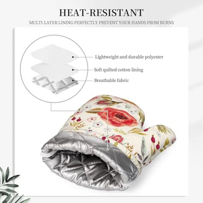 Wildflowers Floral Oven Mitts Pot Holders Set Silicone Heat Resistant Botanical Floral Oven Mitts and Hot Pads Potholders Non-Slip Oven Gloves for Cooking Baking Grilling BBQ - color: Red Green Beige