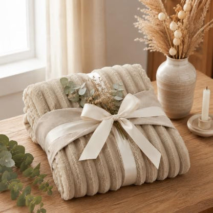 Nookly Linen Twin Size Fleece Blanket, Soft Lightweight Ribbed Plush Bed Blanket, Cozy All-Season Striped Fleece Twin Throw for Bedroom and Home, 60x80 Inches - color: Linen, size: Twin(60"x80")