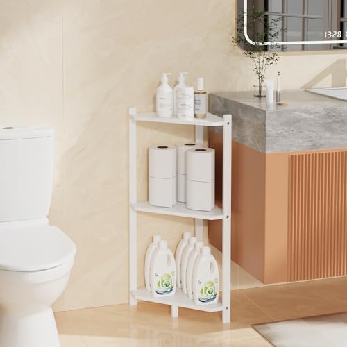 Wisuce Bamboo Small Corner Shelf Stand, 3-Tier White Corner Bookshelf | Space-Saving Narrow Corner Shelf | Bathroom, Bedroom, Living Room, Kitchen & Plants | Stable Natural Bamboo Frame - color: White, size: 3 Tier