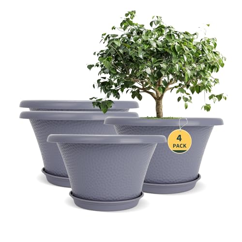 Quarut 12 Inch Pots for Plants,4 Pack Large Flower Pots with Drainage Hole | Modern Planters for Indoor Outdoor Plants,Decorative Resin Garden Pots with Saucer,Grey - color: Diamond Pattern-grey, size: 12 inch-4 Pack
