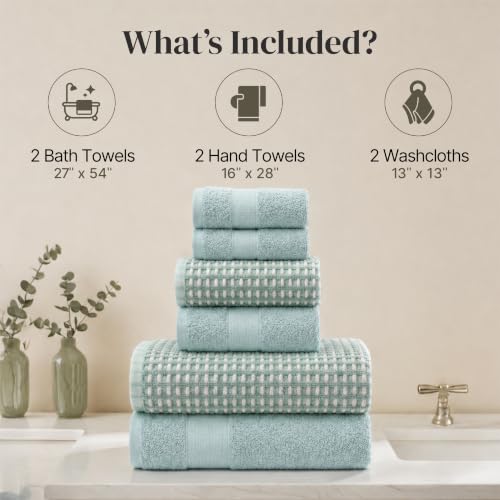 Modern Threads 6 Piece Cotton Bath Towel Set – Ultra Soft 600 GSM Towels – Bathroom Set with Hand Towels and Washcloths – Waffle (Sage Mist) - color: Sage Mist, size: Standard, style: Waffle