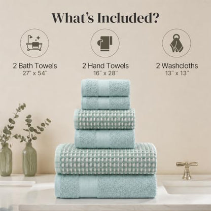 Modern Threads 6 Piece Cotton Bath Towel Set – Ultra Soft 600 GSM Towels – Bathroom Set with Hand Towels and Washcloths – Waffle (Sage Mist) - color: Sage Mist, size: Standard, style: Waffle