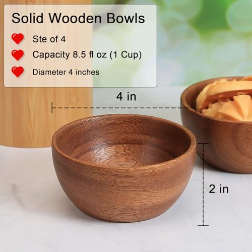 Solid Acacia Wood Bowls Set of 4, 4 Inch Wooden Serving Bowls - Handmade Ramekins for Dips, Charcuterie Board, Snacks & Salads | Farmhouse Kitchen Decor & Gift Idea - size: D 4.2'' x H 2.0''