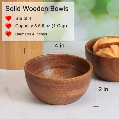 Solid Acacia Wood Bowls Set of 4, 4 Inch Wooden Serving Bowls - Handmade Ramekins for Dips, Charcuterie Board, Snacks & Salads | Farmhouse Kitchen Decor & Gift Idea - size: D 4.2'' x H 2.0''