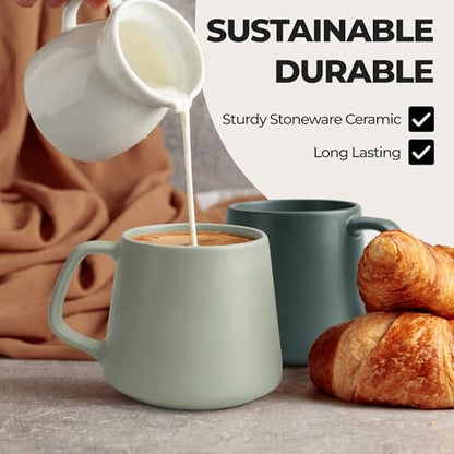 MIAMIO - Coffee Mugs Set of 4, Ceramic, Large (14oz) - Luxe (Evergreen) | Large Ceramic Coffee Mugs for Cappuccino, Tea and Coffee, 4-piece set, Coffee Mugs with saucers - dishwasher safe - color: Evergreen