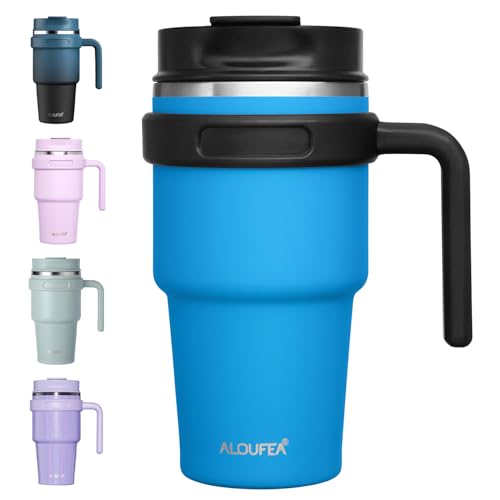 20 oz Insulated Travel Coffee Mug Tumbler with Handle and Straw | Leakproof Stainless Steel Coffee Cup with Lid, Double Wall Vacuum Ice Thermal Cup, Sky Blue - color: Sky Blue, size: 20 Ounces