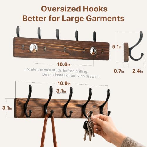POZEAN Wooden Coat Rack Wall Mount, 2 Pack Wall Mounted Coat Hangers with 5 Double Hooks, Space Saving Organizer for Entryway,Bathroom, Clothes, Jackets, Hats, Keys(‎Brown Plate & Black Hooks)