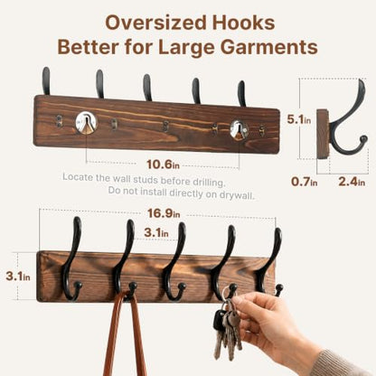 POZEAN Wooden Coat Rack Wall Mount, 2 Pack Wall Mounted Coat Hangers with 5 Double Hooks, Space Saving Organizer for Entryway,Bathroom, Clothes, Jackets, Hats, Keys(‎Brown Plate & Black Hooks)