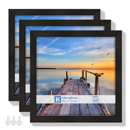 Hongkee 8x8 Picture Frames with Real Glass, Black Wooden Square Photo frame Set of 3, Displays 4x4 Picture With Mat or 8x8 Without Mat, Desktop & Wall Collage Frame set - color: Black, size: 8x8 in