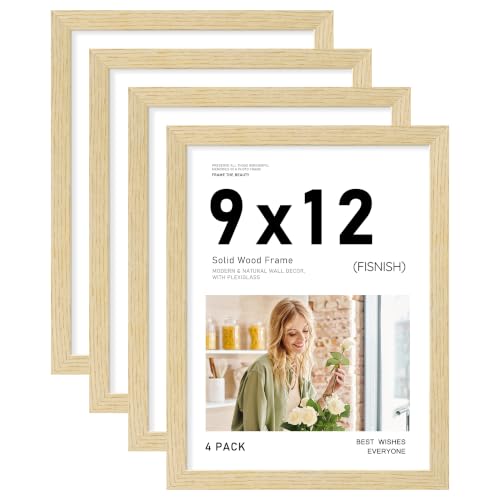 9x12 Picture Frame Set of 4, Natural Solid Wood Frames | Display 9x12 Photos without Mat, Horizontal or Vertical Wall Mounting Poster Frame, Oak Wood Grain - color: Natural, size: 9x12