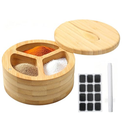 Salt Cellar - Salt Container Holder with Swivel Magnetic, 3 Compartment Salt Cellar with Lid and Spoon Holder, Wood Bowl Box, Salt and Pepper Bowls with Swivel Lid to Storage, 6OZ