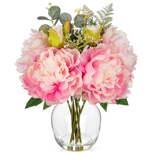 Hollyone Fake Flowers in Vase Pink Peonies Artificial Flowers Peony Bouquet Silk Flower Floral Arrangements with Glass Vase with Faux Water for Home Decor Bathroom Coffee Table Centerpiece Decorations - color: Pink